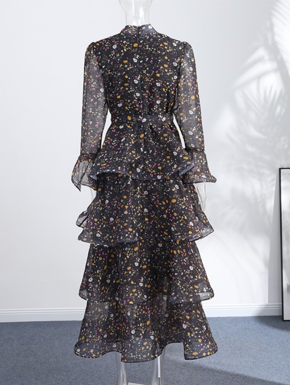 Casual Printed Long Bow Dress Women Chic V-Neck Short Puff Sleeve Waist-Closed - Picture 6 of 13